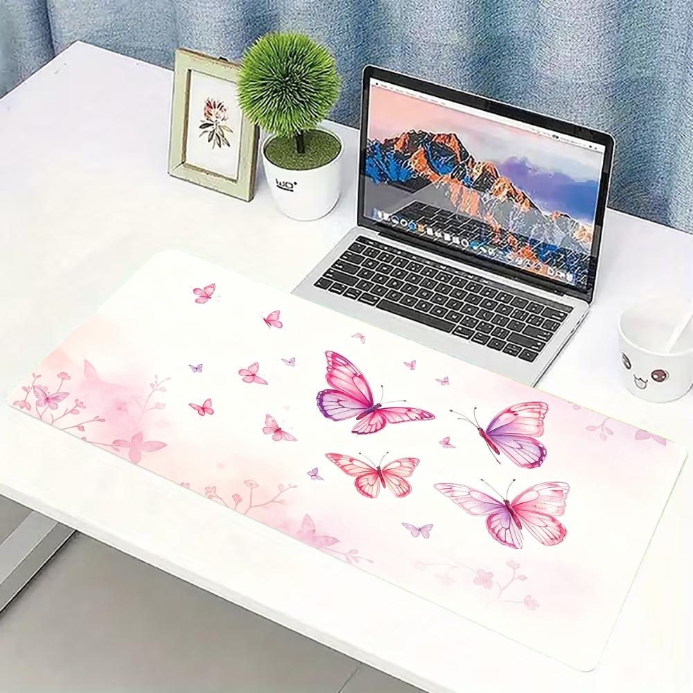 Desk Setup Pc And Laptop - แผ่นรองเมาส์เกมมิ่งขนาดใหญ่ลายผีเสื้อสีชมพูแบบสีน้ำ พร้อมแผ่นรองโต๊ะกันลื่นสำหรับคีย์บอร์ด เหมาะสำหรับคอมพิวเตอร์ แล็ปท็อป สำนักงาน บ้าน