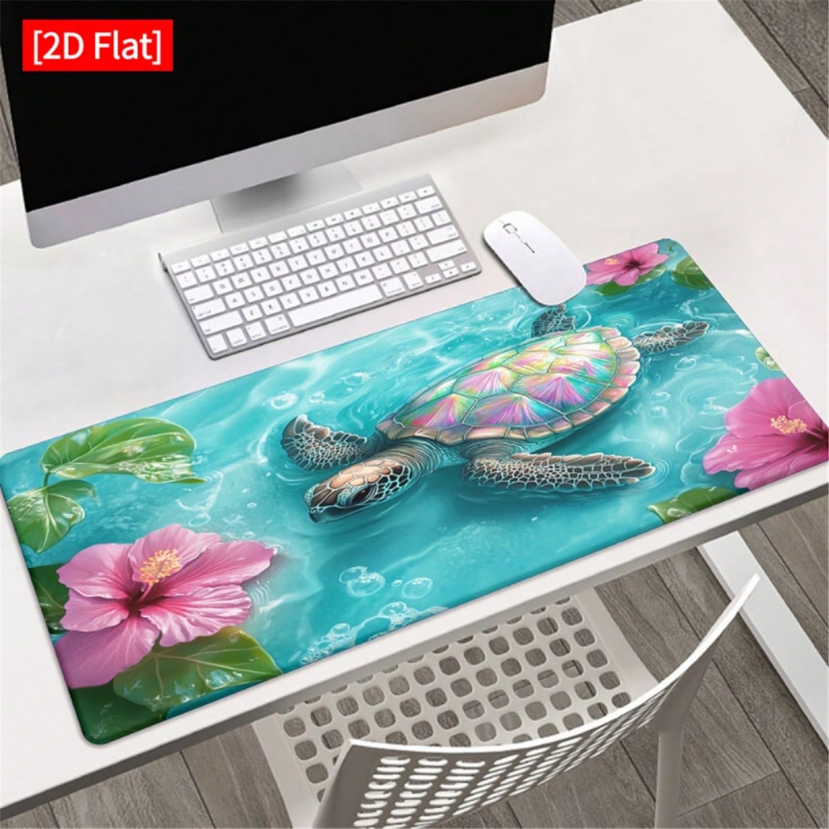 Desk Setup Pc And Laptop - [2D Flat] แผ่นรองเมาส์และคีย์บอร์ดลายทะเลและดอกชบา 1 ชิ้น สำหรับโต๊ะเกมมิ่ง