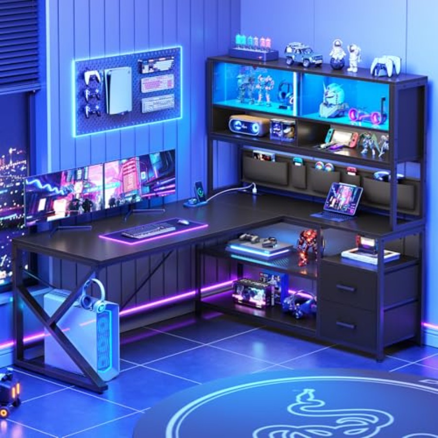 Desk Setup L Shaped - โต๊ะเกมมิ่งรูปตัวแอล พร้อมชั้นวางของ 2 ลิ้นชัก ไฟ LED