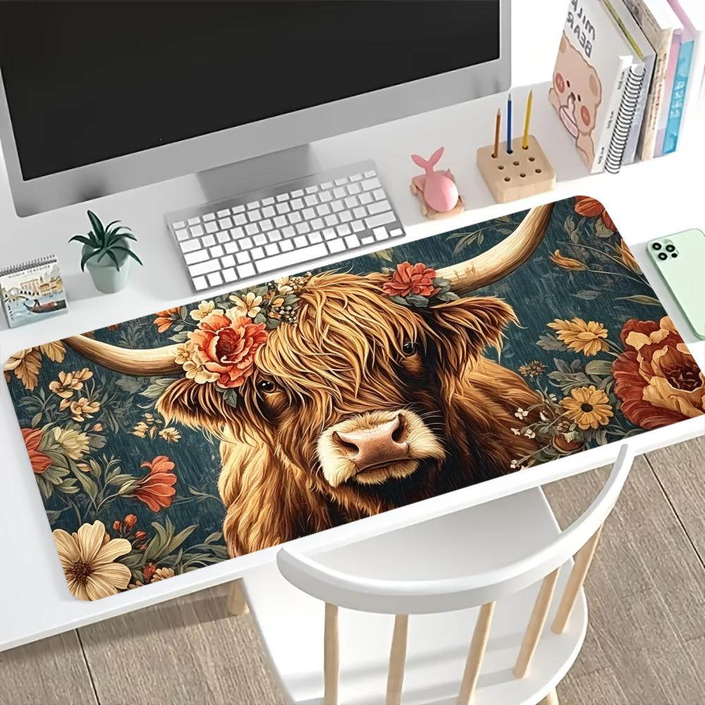 Desk Setup Pc And Laptop - แผ่นรองเมาส์ลายวัวไฮแลนด์วินเทจลายดอกไม้ แผ่นรองโต๊ะกันลื่นพร้อมขอบเย็บ สำหรับคอมพิวเตอร์ แล็ปท็อป และการตกแต่งบ้านหรือสำนักงาน